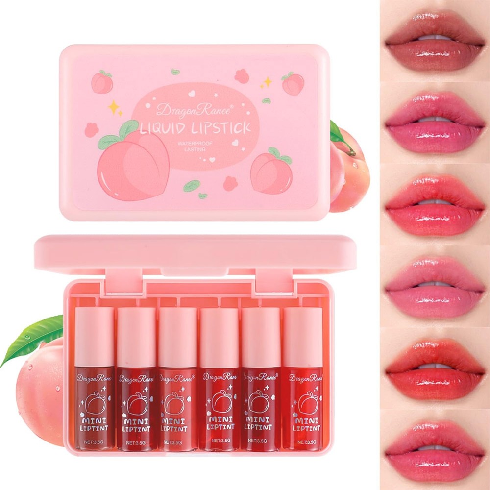 Eakroo 6 Colors Peach Lip Stain Set – Korean Mini Lip Gloss & Liquid Tint, Long