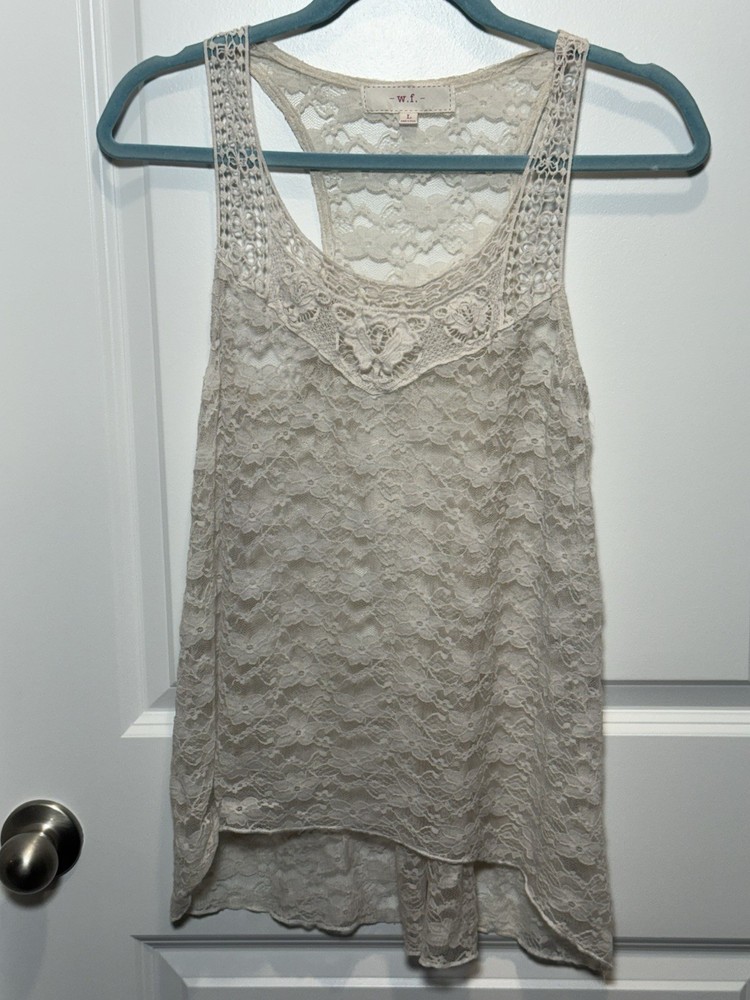 White Lace Tank Top Large WR L Racerback Shirt Blouse