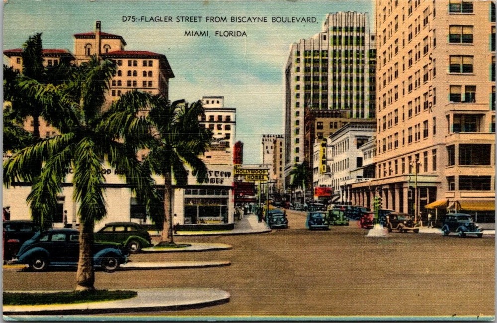 Vintage 1947 Miami FL Flagler Street Linen Postcard Biscayne Blvd Cars