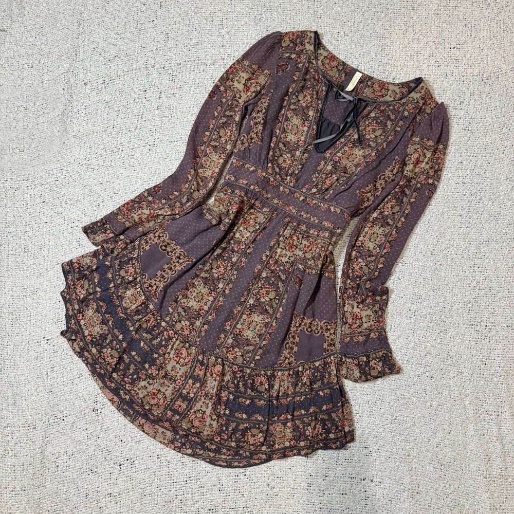 Free People Floral Boho Mini Dress Women’s Size S Long Sleeve
