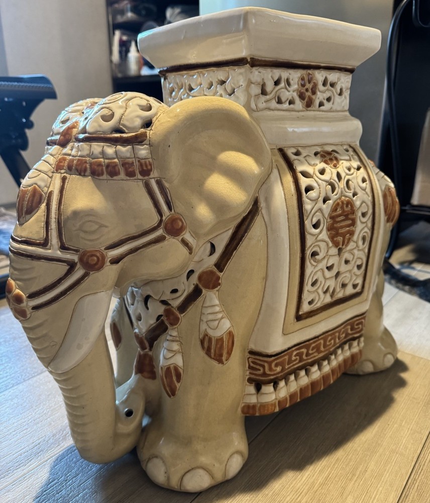 Rare Ceramic Elephant Plant Holder Asian Style Beige Brown White Large 17