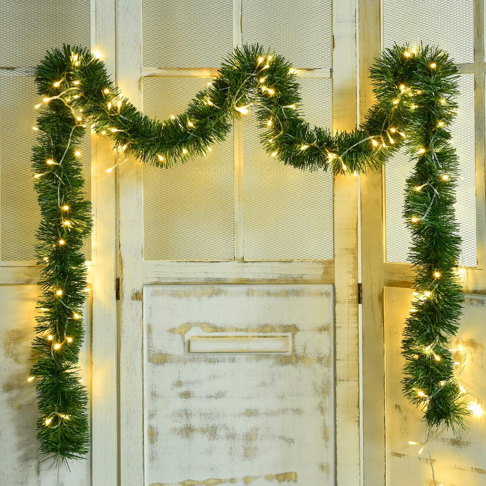 16.5 Ft Christmas Garland Decorations with 50 LED Light, Green Holiday Decor for