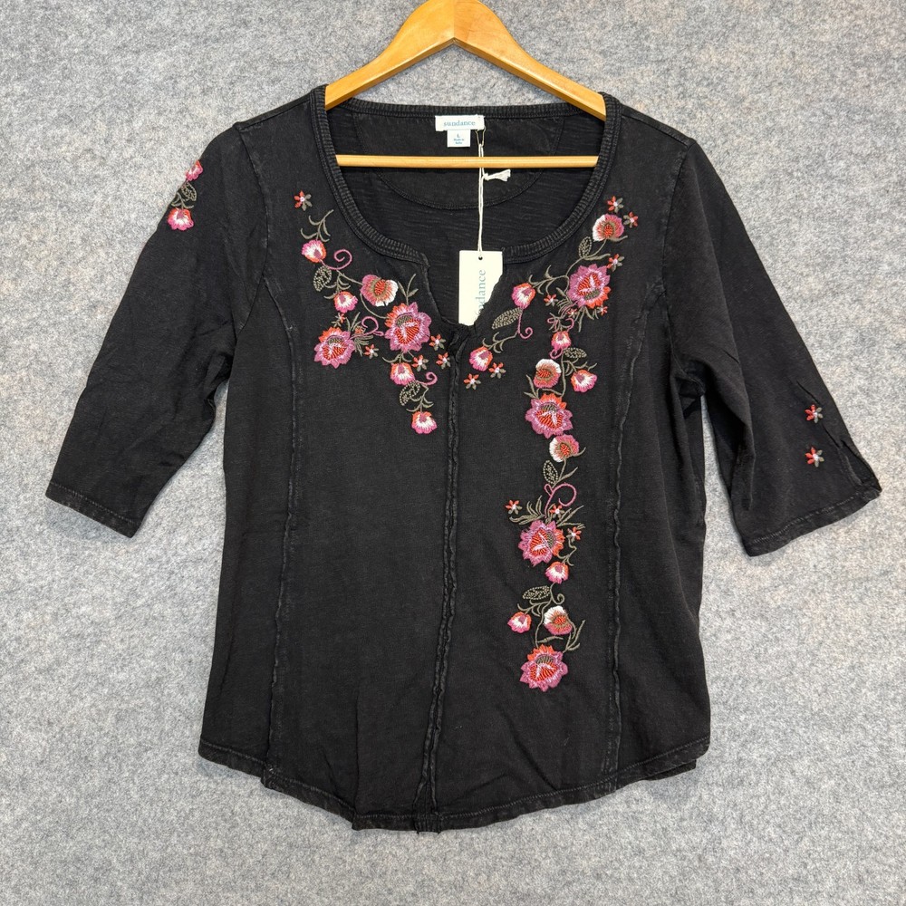 Sundance Floral Embroidered Top Womens Large 3/4 Sleeve Henley Scoop Flower