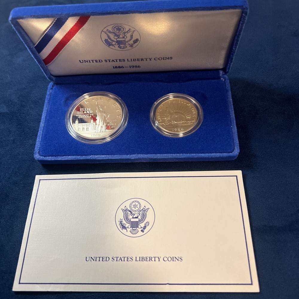 1986 US Mint 2 Coin Liberty Set in OGP - Silver Dollar & Clad Half Dollar