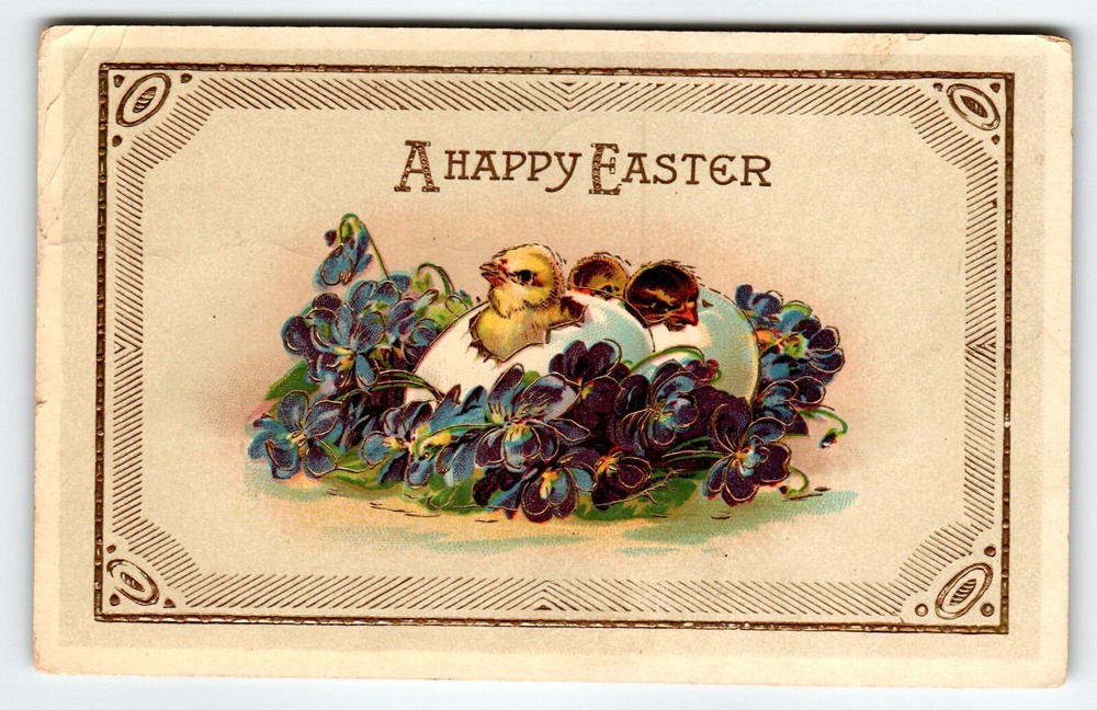 Easter  Postcard Baby Chicks Purple Flowers Gel Embossed Vintage Germany 1913