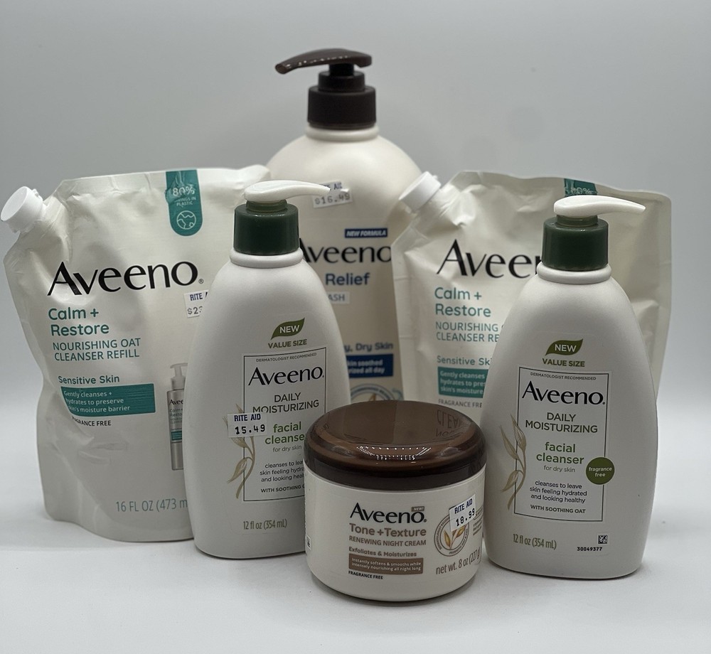 Aveeno Bundle- Facial Cleansers, Calm & Restore Body Wash Refills & Tone + Text