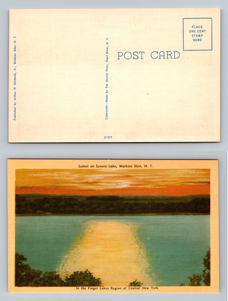 Watkins Glen, NY-New York, Sunset Over Seneca Lake Finger Lakes Vintage Postcard