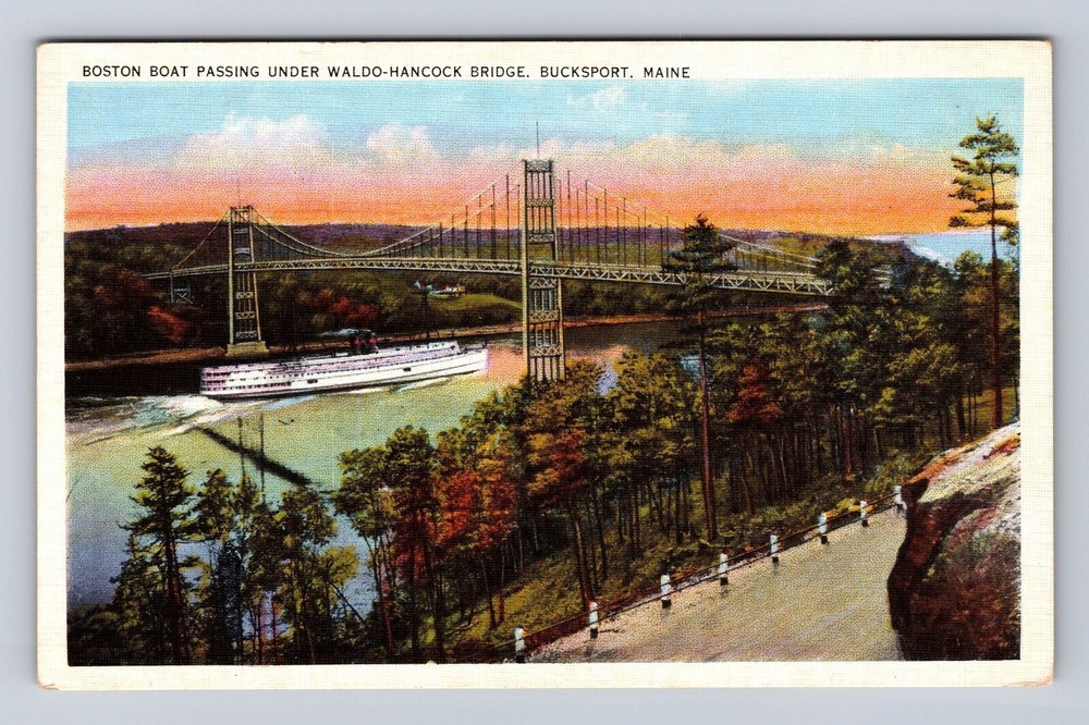 Bucksport ME-Maine, Boat Passing Under Waldo Hancock Bridge, Vintage Postcard