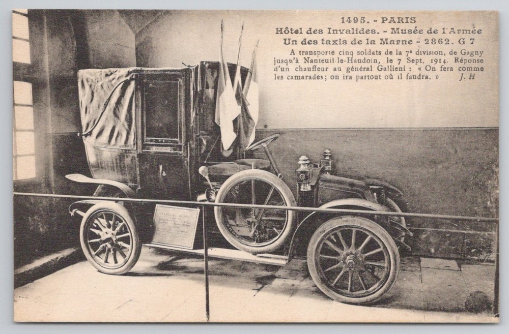 WWI Paris Taxi de la Marne Postcard, Hôtel des Invalides, Army Museum 1914