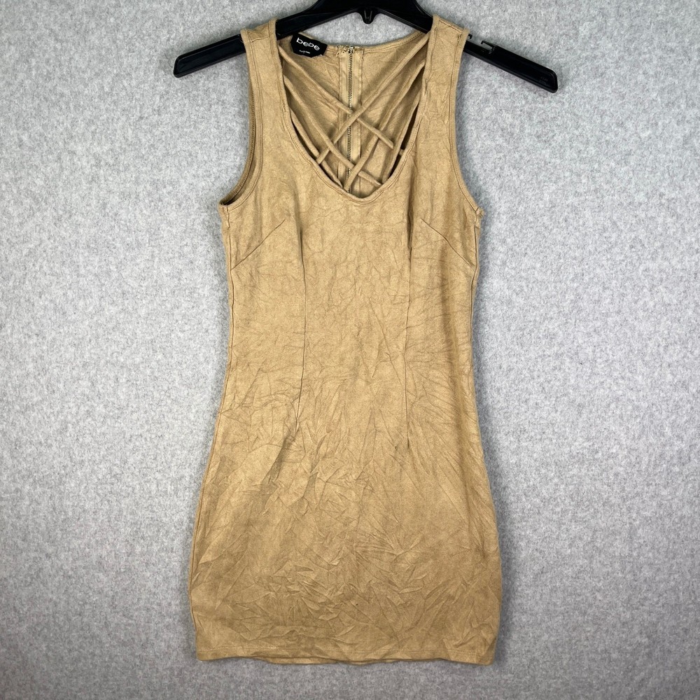 Bebe Dress Women's Small Tan Faux Suede Sleeveless Mini Bodycon Strappy Back Zip