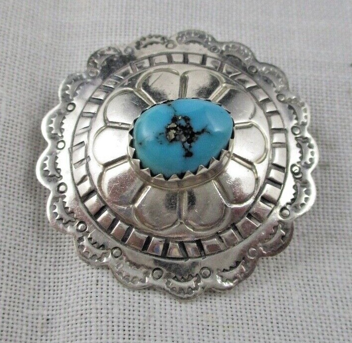 Vintage BROOCH Mexico Tribal BROOCH Turquoise Stone Signed AL