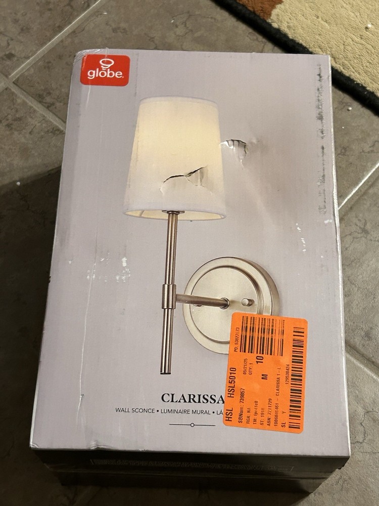 NEW Globe Clarissa 1-Light Matte Brass Wall Sconce with White Fabric Shade NEW