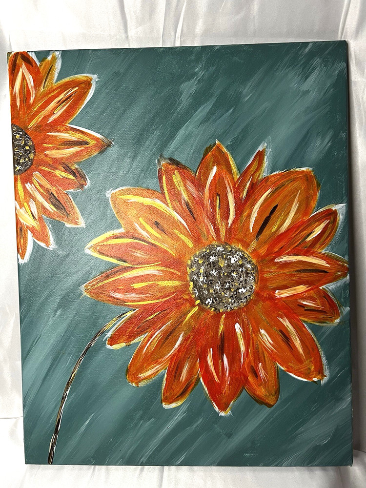Original 16x20” Acrylic Canvas painting Wood Frame Orange Flower Teal Background