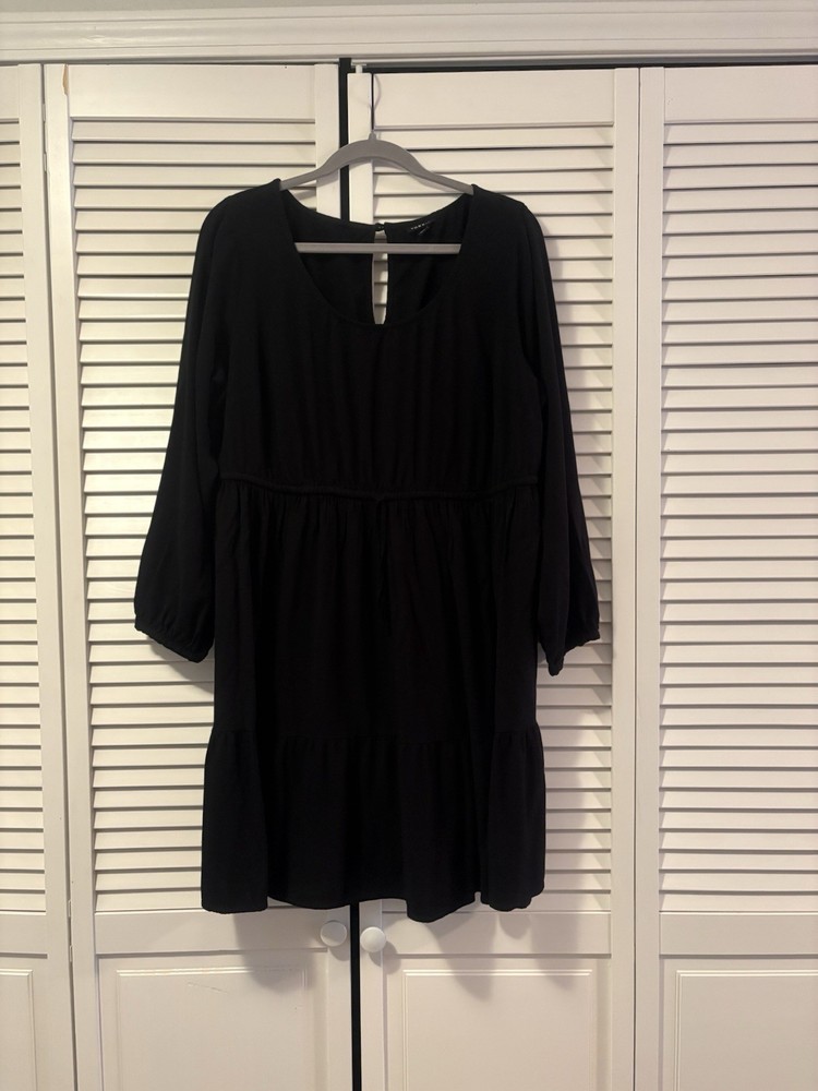 Torrid 2 2X Black Tiered Ruffle Long Sleeve Mini Dress Drawstring Waist Button
