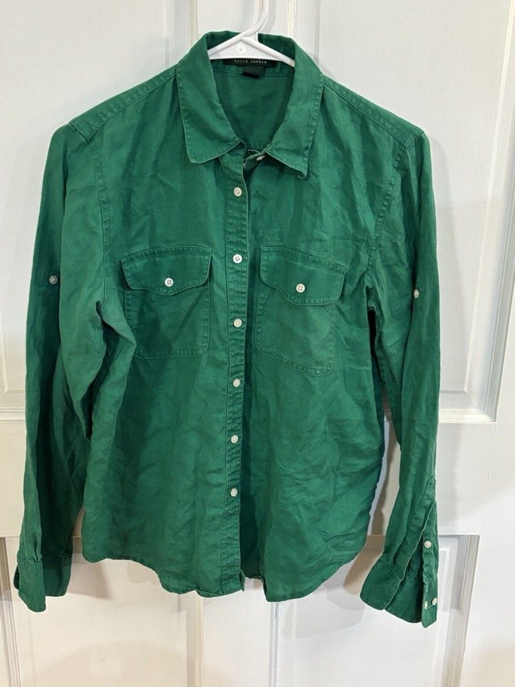 Lauren Ralph Lauren Women Green 100% Linen Button Up Shirt Lightweight M