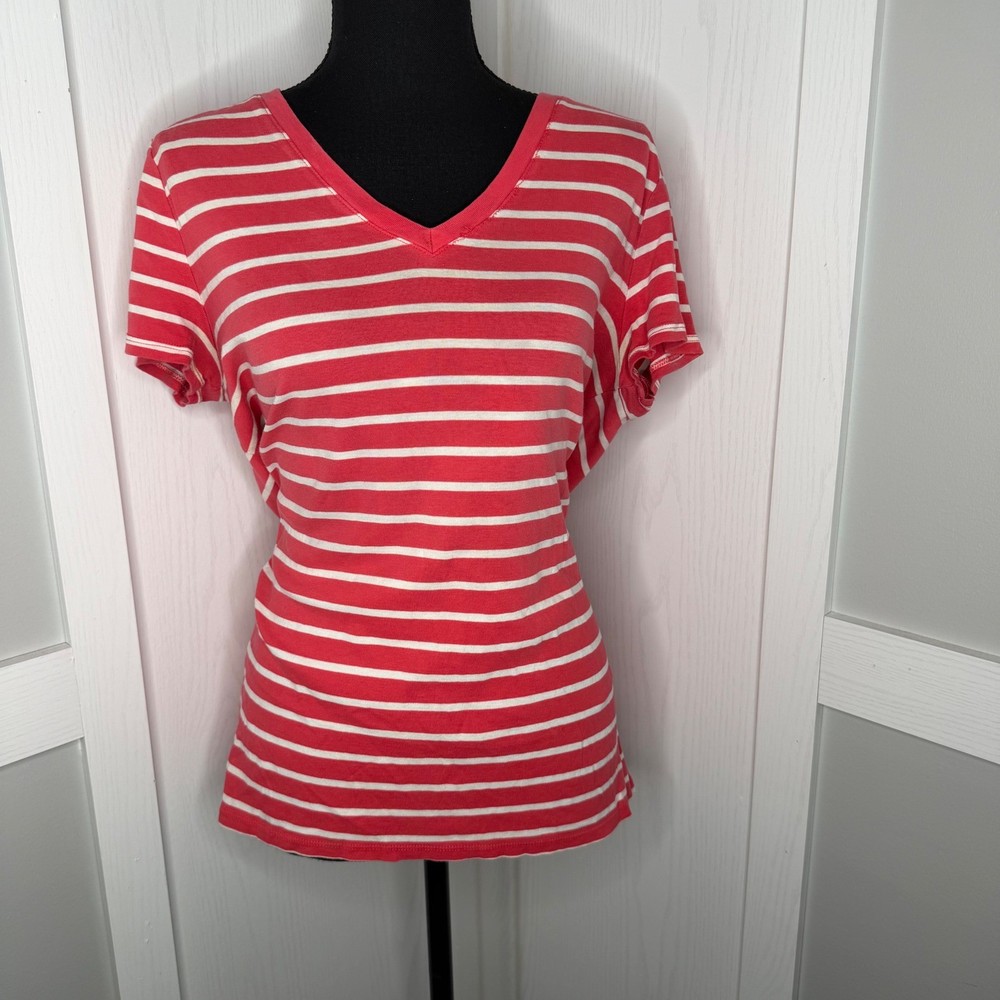 Merona V-Neck T-Shirt Women XXL Pink White Striped Short Sleeve Stretch Top