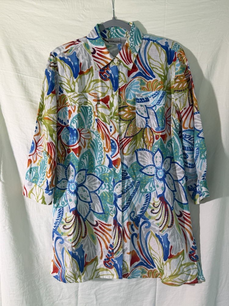Chico's Floral Linen Cotton Blouse Multicolor 3/4 Sleeve Button-Up Size 1