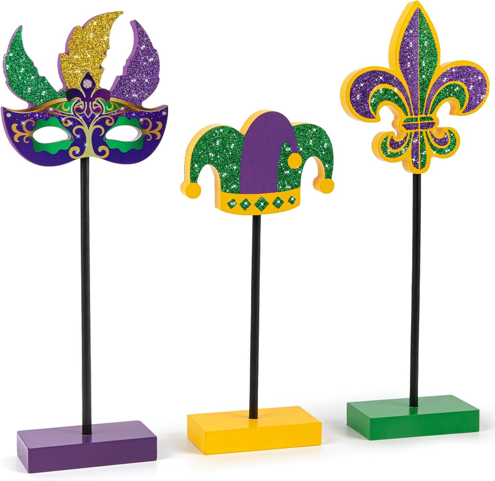 3 Pieces Mardi Gras Tiered Tray Decor Wood Set, Glitter Mardi Gras Table Decor,R