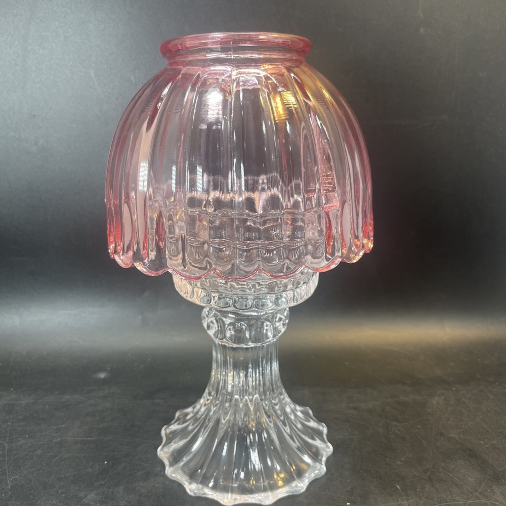 Vintage L.E. Smith Fairy Lamp Pink Ruffled Glass Dome Shade On Clear Pedestal