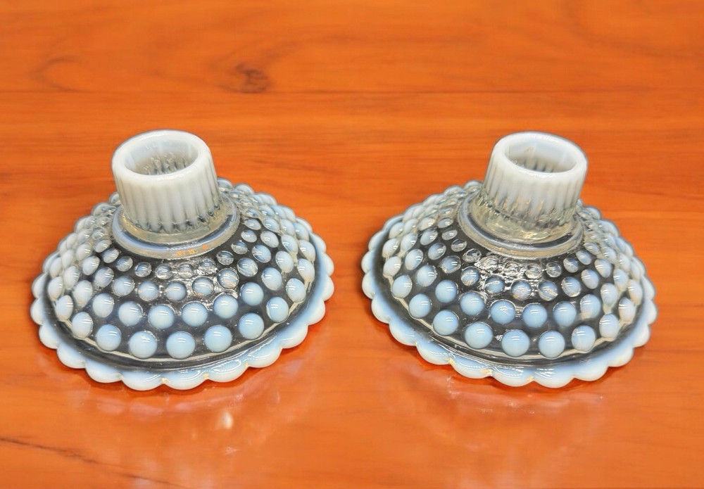 Hobnail White Opalescent Glass Candlestick Candle Holders Pair Vintage Taper
