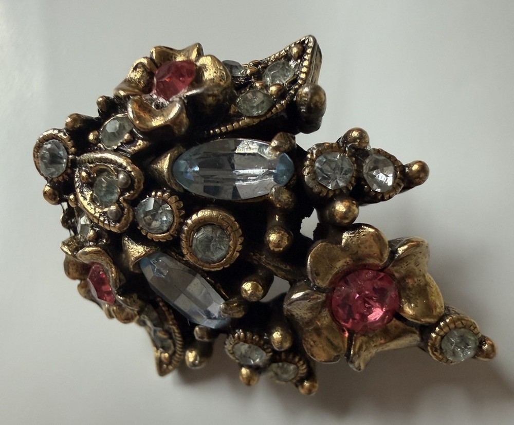 Vintage Signed Hollycraft Copr 1950 Rhinestone Floral Brooch Pink Blue Gold Tone