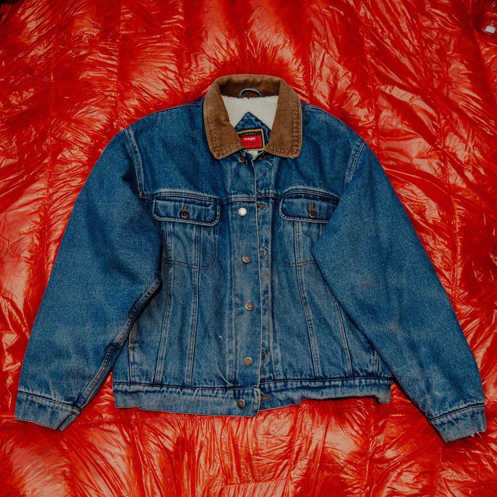 Vintage 90s Wrangler HERO Denim Sherpa Lined Jacket - Corduroy Collar - Size Lar