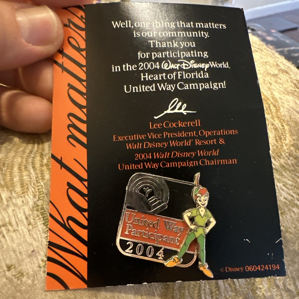 Disney WDW Peter Pan United Way Participant Cast Pin LE 50,000