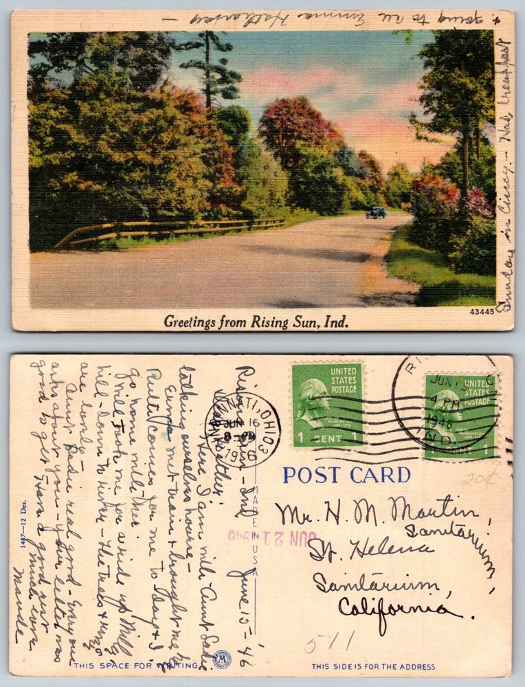 Vintage Greetings Rising Sun, Indiana Scenic Road Linen Postcard 1946 Posted