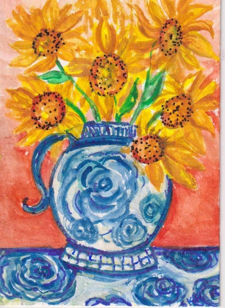 Original ACEO Sunflowers, Blue & white Vase Watercolor Painting, Sharon Foster
