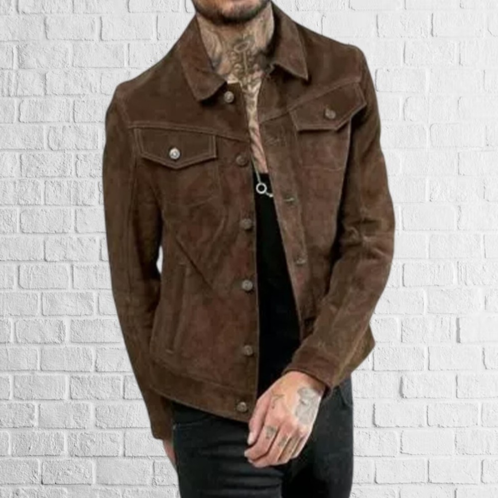 Men Genuine Brown Suede Leather Shirt Premium Vintage Full Sleeves Button Jacket