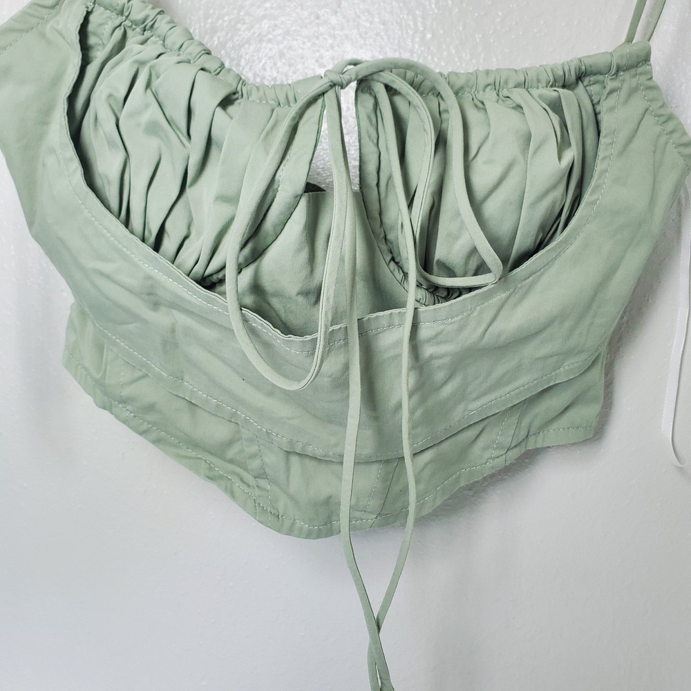 Princess Polly Sage Green Crop Top Tie Front Ruched Bustier tank Sz 4 bra cups