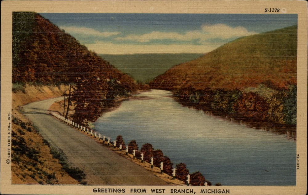 Michigan West Branch Greetings from autumn scene ~ 1930s linen postcard sku461