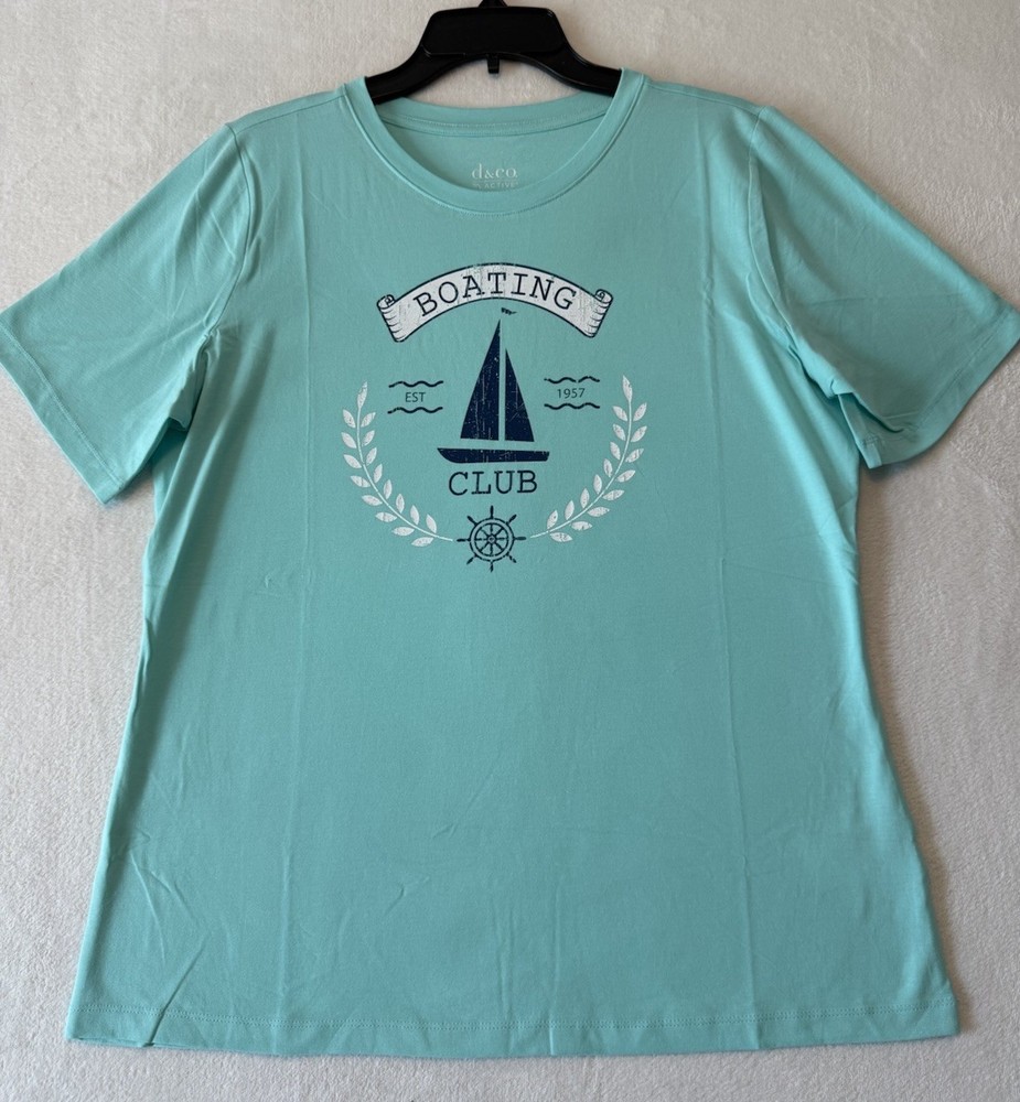 Denim & Co Teal Blue Boating Club T-Shirt Top Woman’s Medium SS NEW