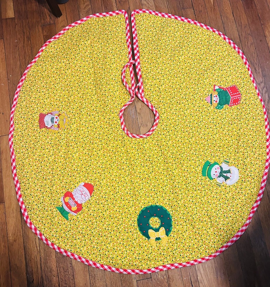 Vintage Handmade Gingham Checkered Print Christmas Tree Skirt Quilted 45”