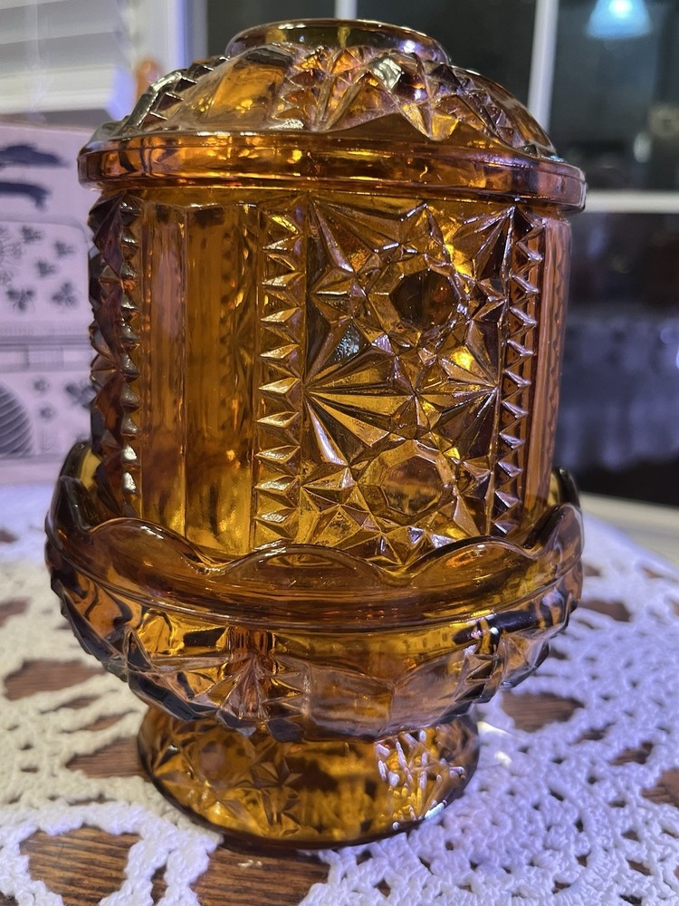 Indiana Glass Fairy Lamp Stars and Bars Amber Gold. Read description
