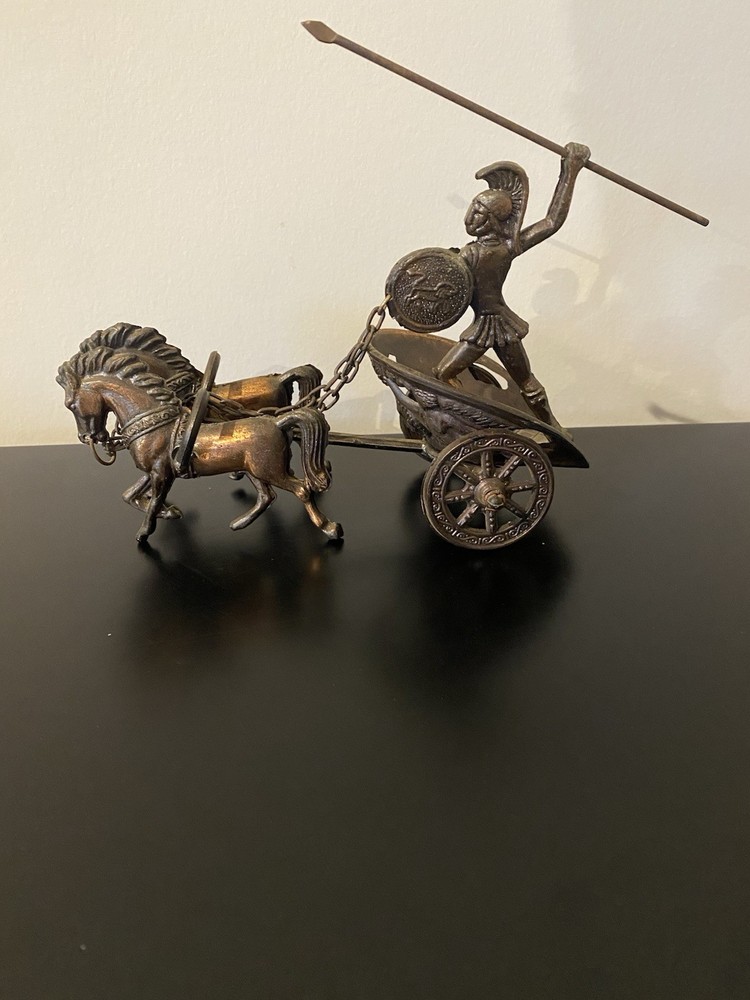 Vintage Bronze Achilles on Horse Drawn War Chariot - Homer Iliad Greek Mythology-image