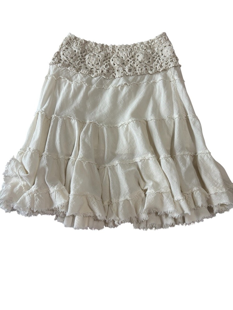 ZaZen Women’s M Boho Peasant Mini Tiered Skirt  White Crochet Stretchy Waist