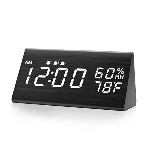 Modern Wooden LED Digital Alarm Clock with 3 Custom Alarms