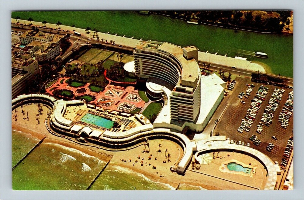 Miami Beach FL-Florida, Aerial Fontainebleau Hotel, Antique Vintage Postcard