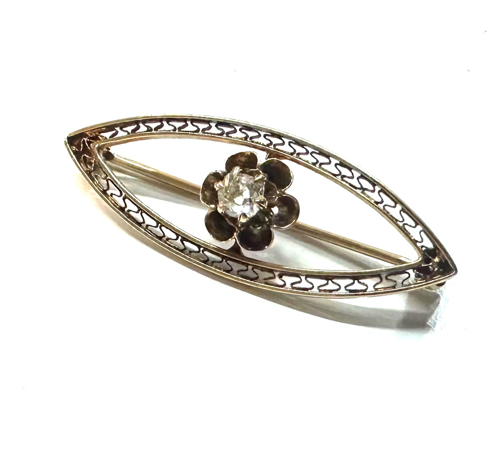 Antique 14K YELLOW GOLD Brooch Flower Diamond Filigree 1.50 grams Jewelry Lot G