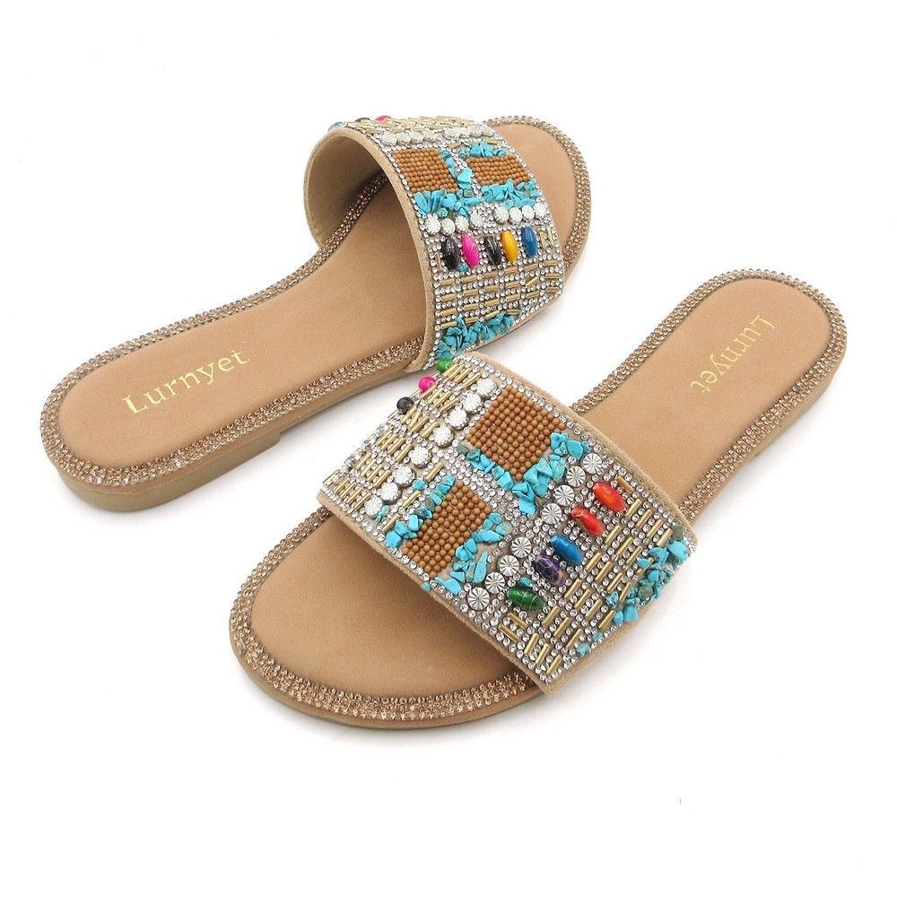 Women's Bohemian Slide Sandals Beaded Crystal Embellished Rhinestone Trim