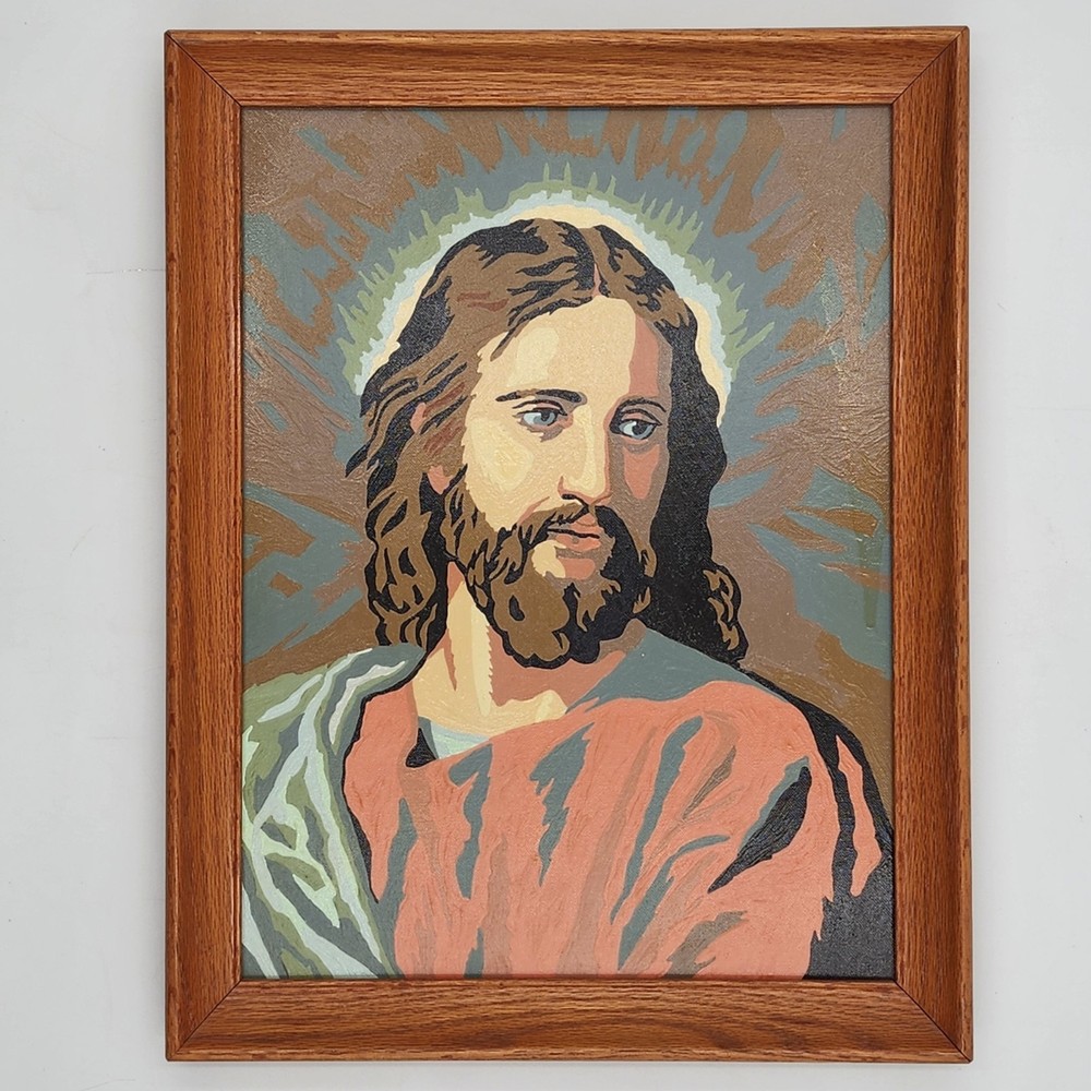 Vintage Paint By Number Jesus Christ Portrait MCM Framed PBN 1950s Religious Art