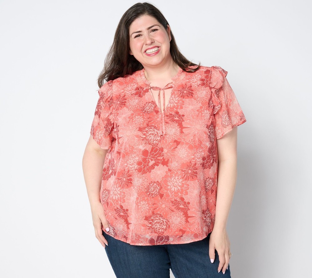 Anybody Women's Top Sz L Printed Flutter-Sleeve Chiffon Blouse Pink A657699