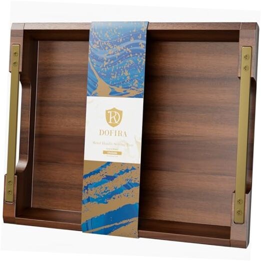 Acacia Wood Serving Tray with Metal Handles - 17x13in Large Ottoman Food Tray-image