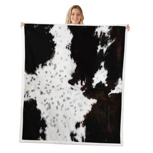 Abstract Cowhide Print Throw Blanket in White Black Brown-image