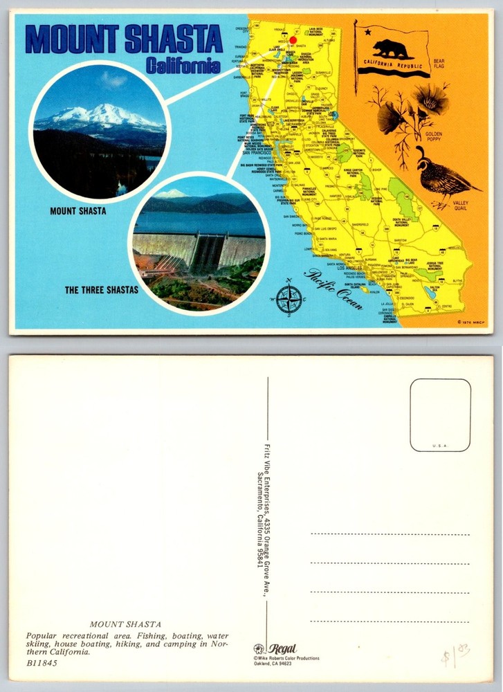 Mount Shasta California Map Postcard 1976 Shasta Dam Lake Vintage Chrome