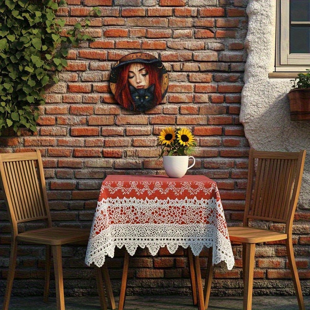 Beautiful Witch Red Hair Black Cat Theme Round Aluminum Wall Art