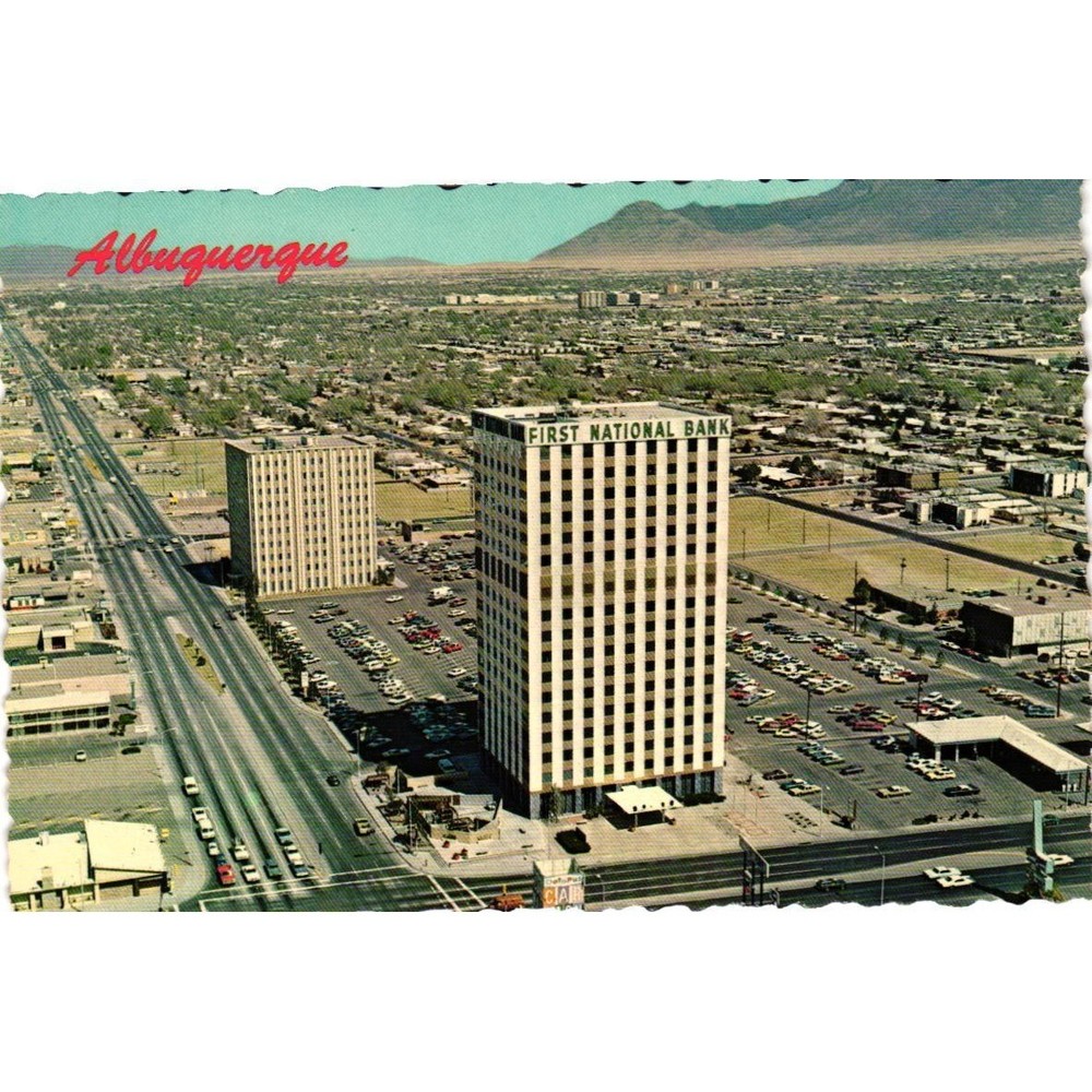 Vintage 1976 Albuquerque NM Postcard First National Bank Sandia Mountains Petley