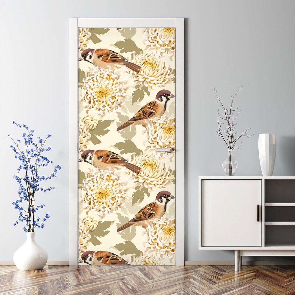 Gold floral bird bubble-free self-adhesive door mural for home decor