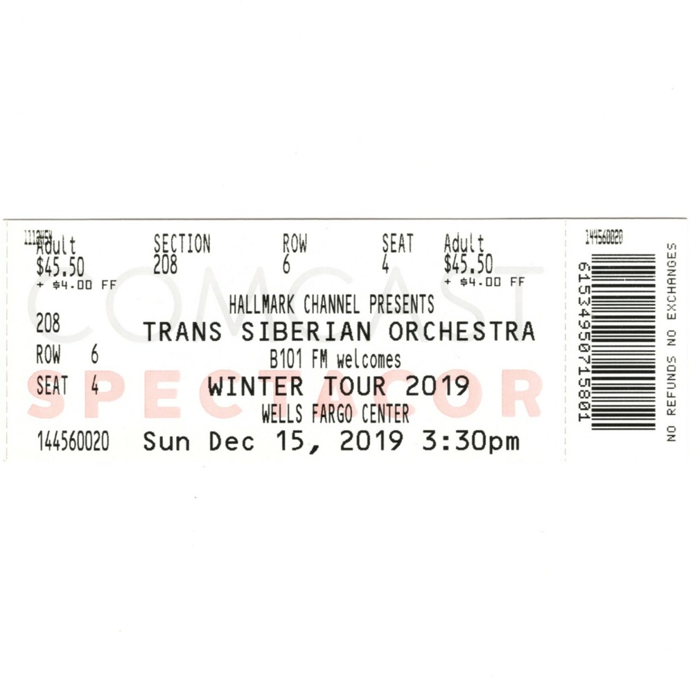 TRANS SIBERIAN ORCHESTRA Concert Ticket Stub PHILADELPHIA 12/15/19 WELLS FARGO